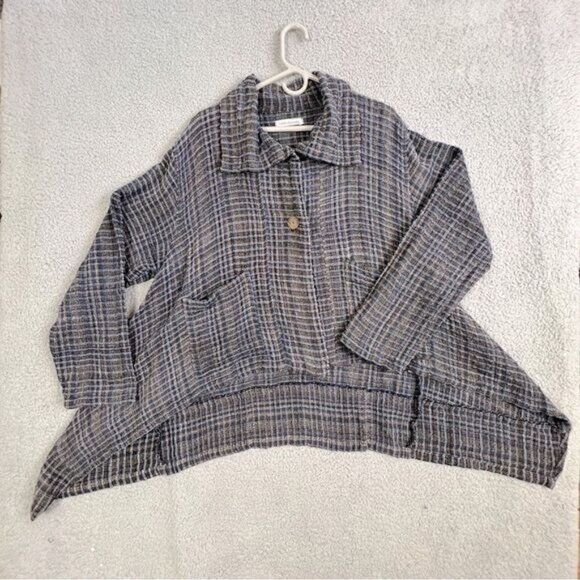 YASUKO KURISAKA WOMENS HANDWOVEN ASYMMETRICAL COTTON JACKET BLUE GRAY WEAVE M/L - Picture 1 of 10